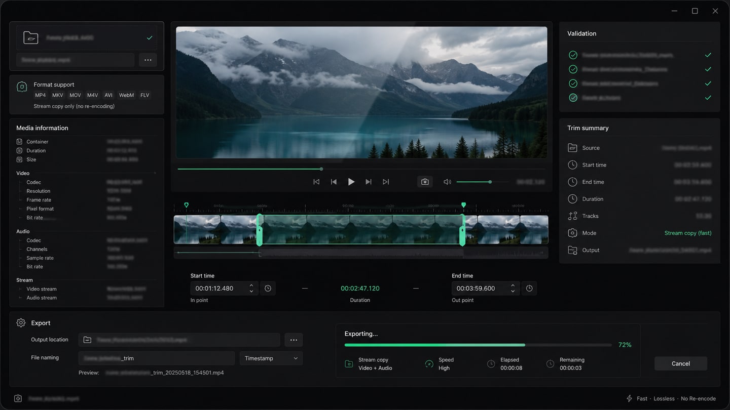 Trimly video trimming interface with timeline and media metadata