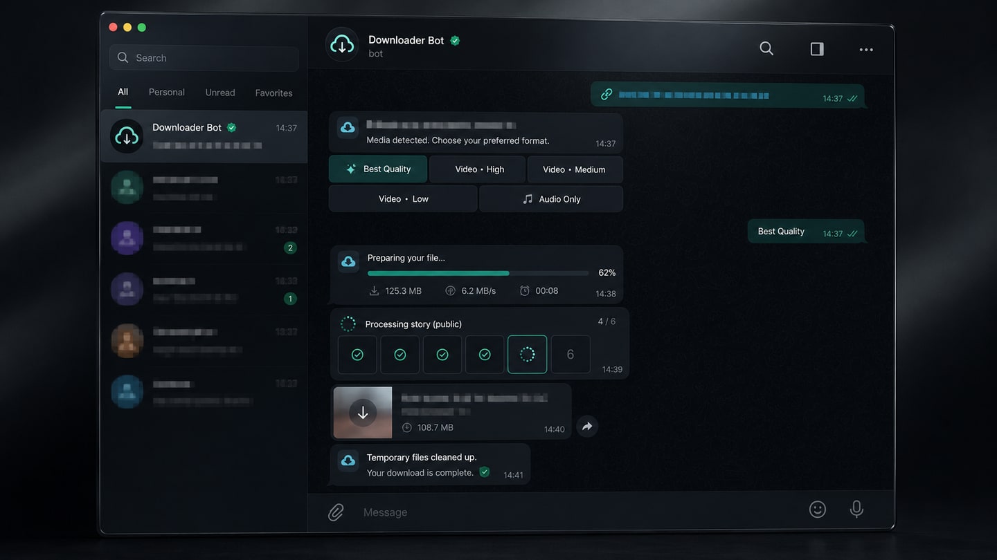 Telegram media downloader bot interface with format controls